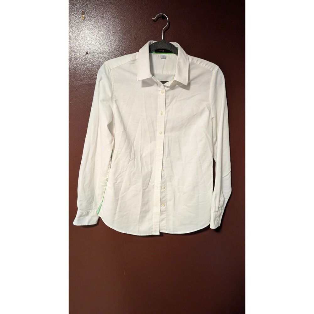 Pearly Vine White Button Down Shirt S Green Blue Gingham Ribbon Trim Cotton